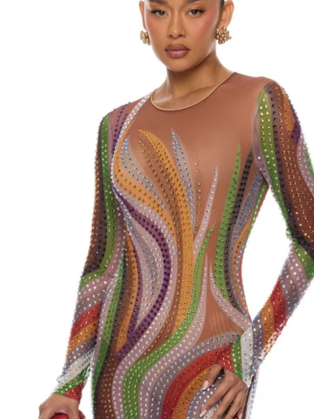 Fashion Nova Multicolor Embellished Sheer Midi Dress